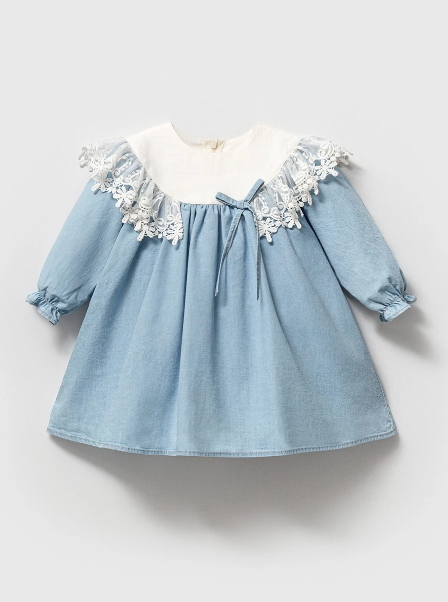 Mira Kot Kumaş ve Dantel Detaylı Kız Bebek Tasarım Elbise