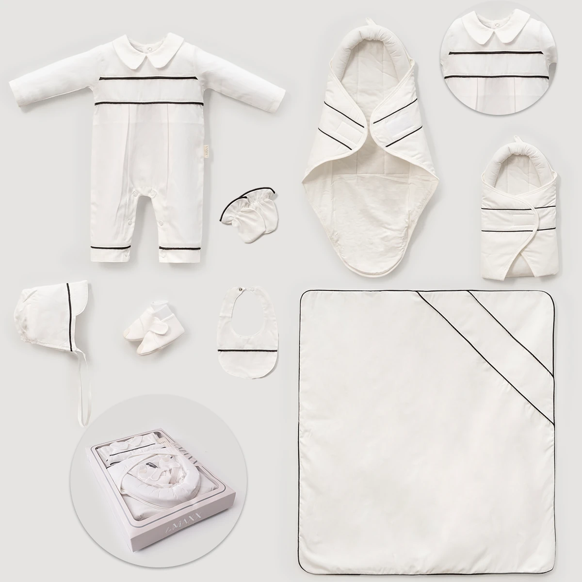 Bruno Çizgi Detaylı Pamuklu Kundak ve Battaniyeli Erkek Bebek Hastane Çıkış Seti - Siyah