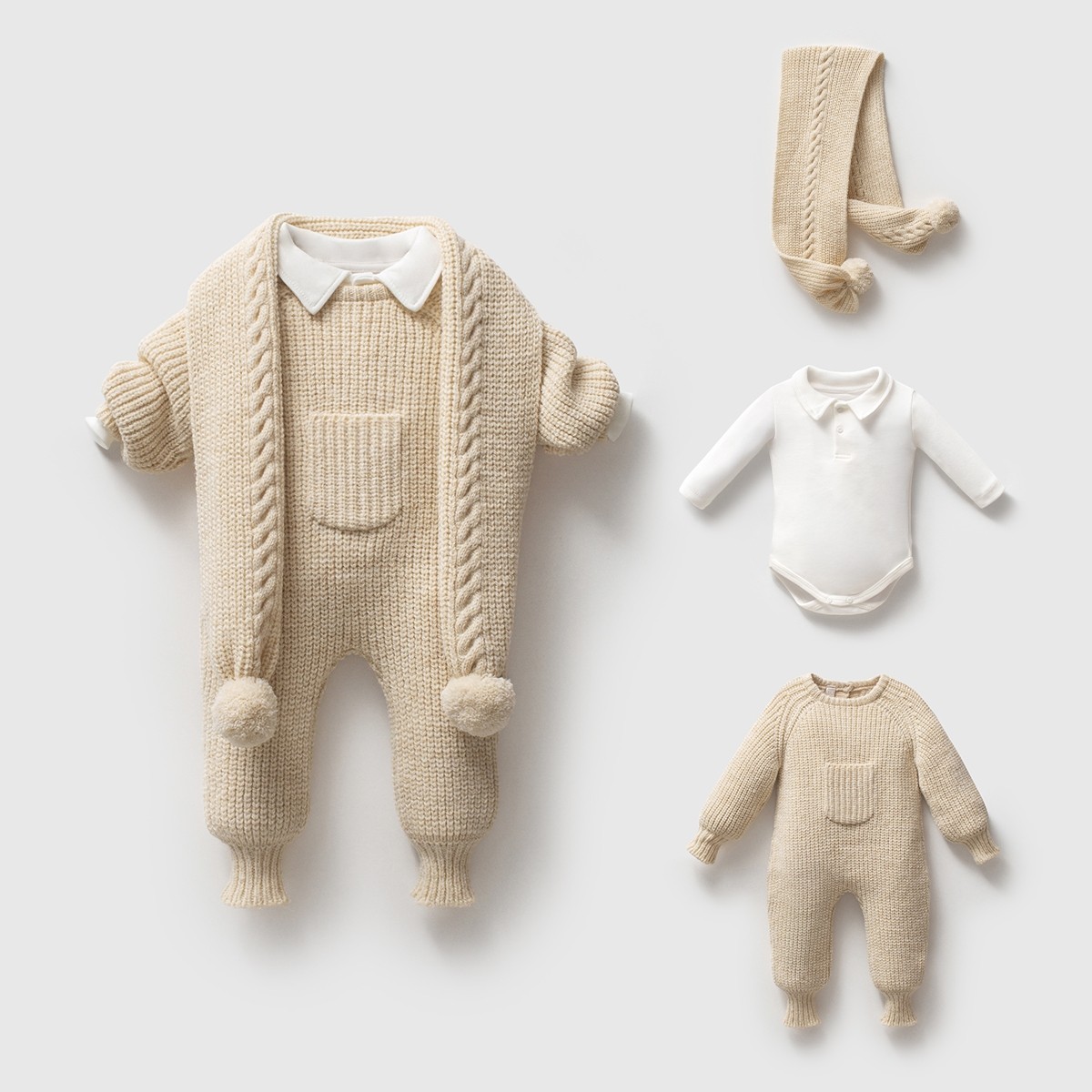 Albert Organik Premium Atkılı Triko Bebek Tulum  Set - Bej