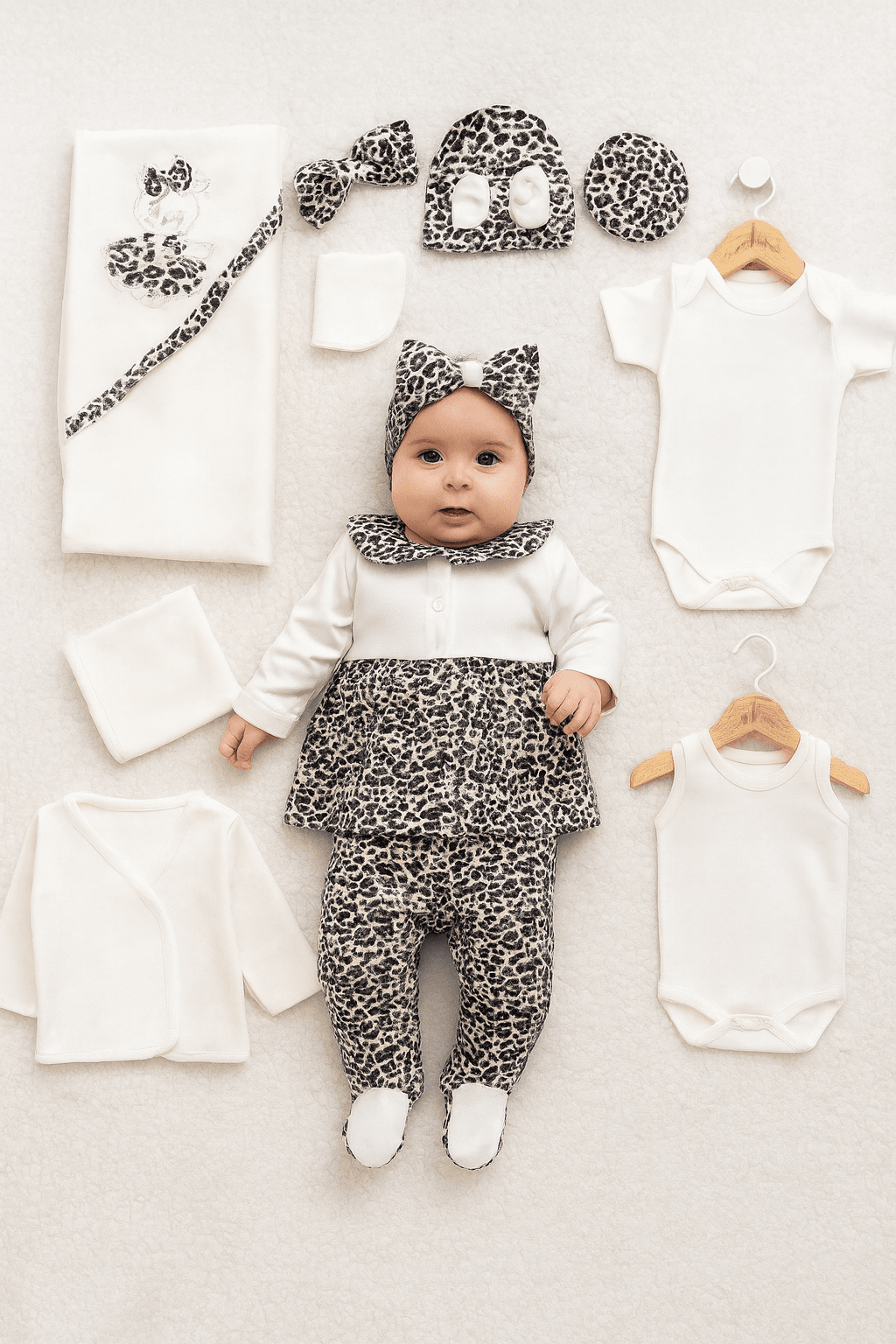 Yvette Kız Bebek Leoparlı 10lu Hastane Çıkışı Kutulu Zıbın Set
