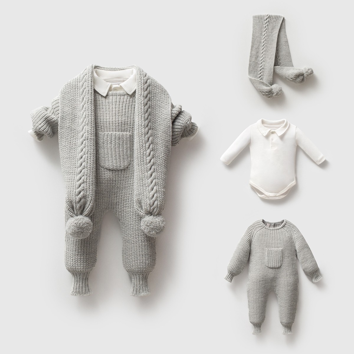Albert Organik Premium Atkılı Triko Bebek Tulum  Set - Gri