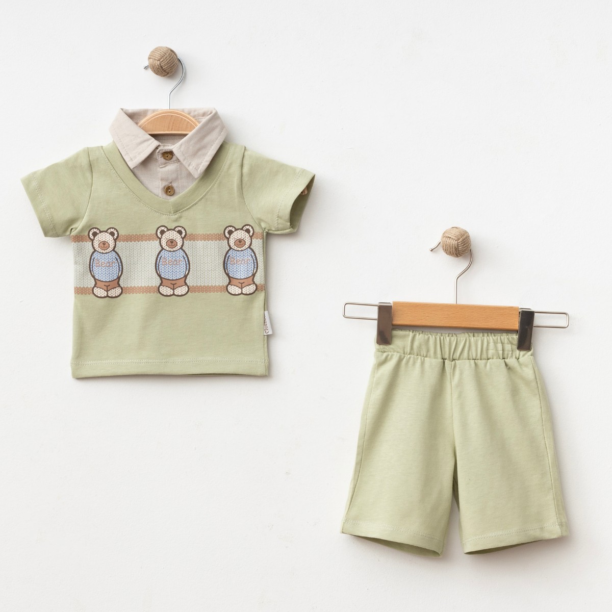 Erkek Bebek 6-9-12-18 Ay 3 Bear Yakalı 2'Li Takım