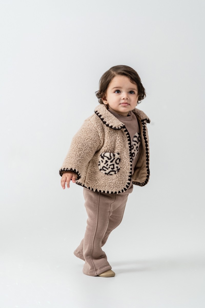 Teddy Ceket Detaylı Leopar Cep Desenli 9-12-18 Ay 3lü Takım