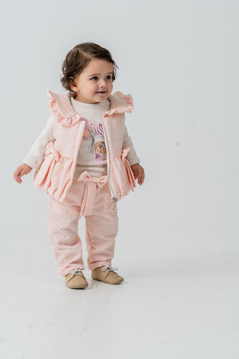 Kız Bebek Yaka Detaylı Fiyonklu 9-12-18 Ay Yelekli 3lü Takım
