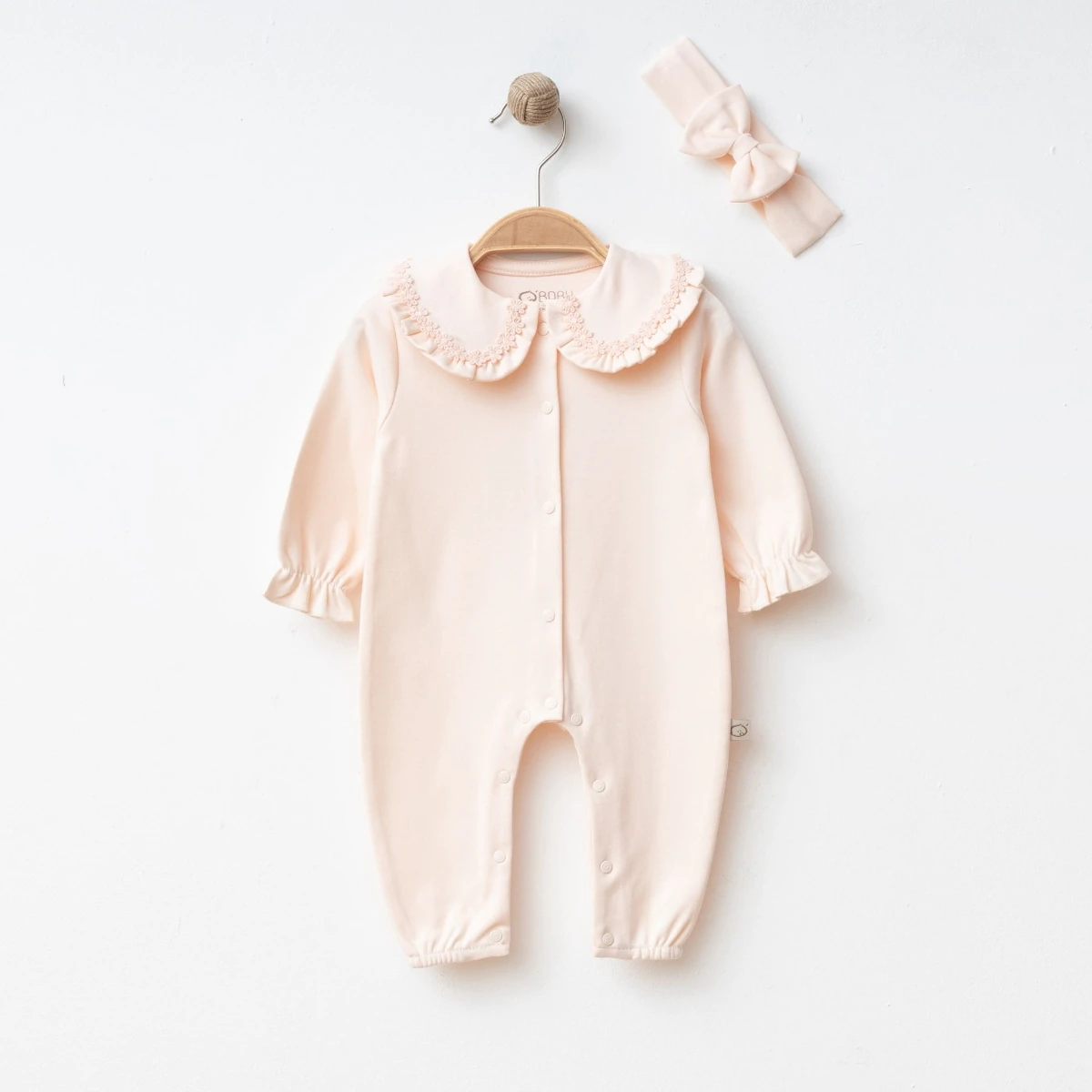 Daisy %100 Pamuklu Yaka Çiçek Detaylı Bandanalı Kız Bebek Tulum - Somon