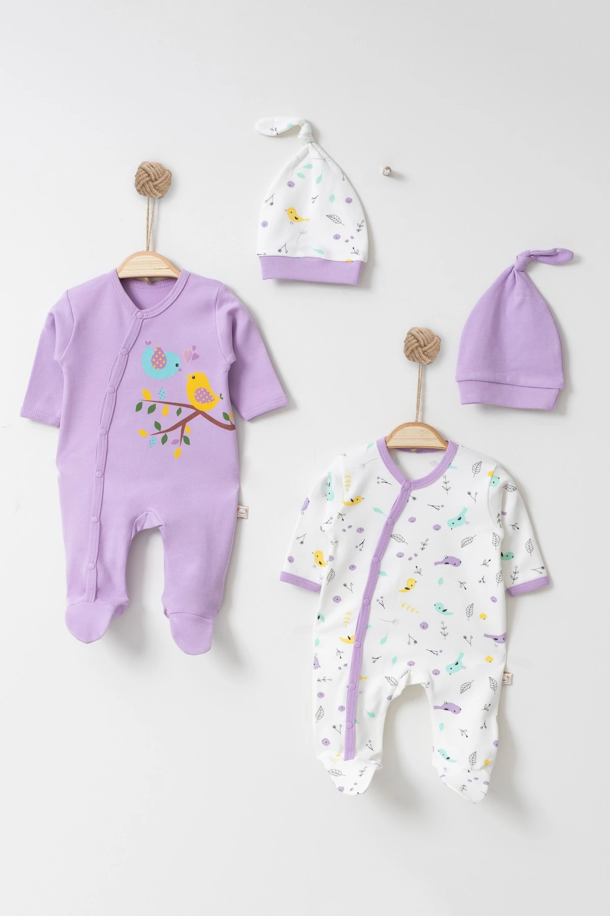 Kuşlu Pamuklu Kız Bebek Yenidoğan 4'lü Tulum Seti