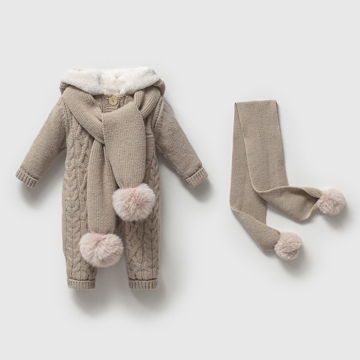 Drew Unisex 6-9-12-18 Ay Kolu Derili Atkı Detaylı Welsoft Bebek Tulum - Taş