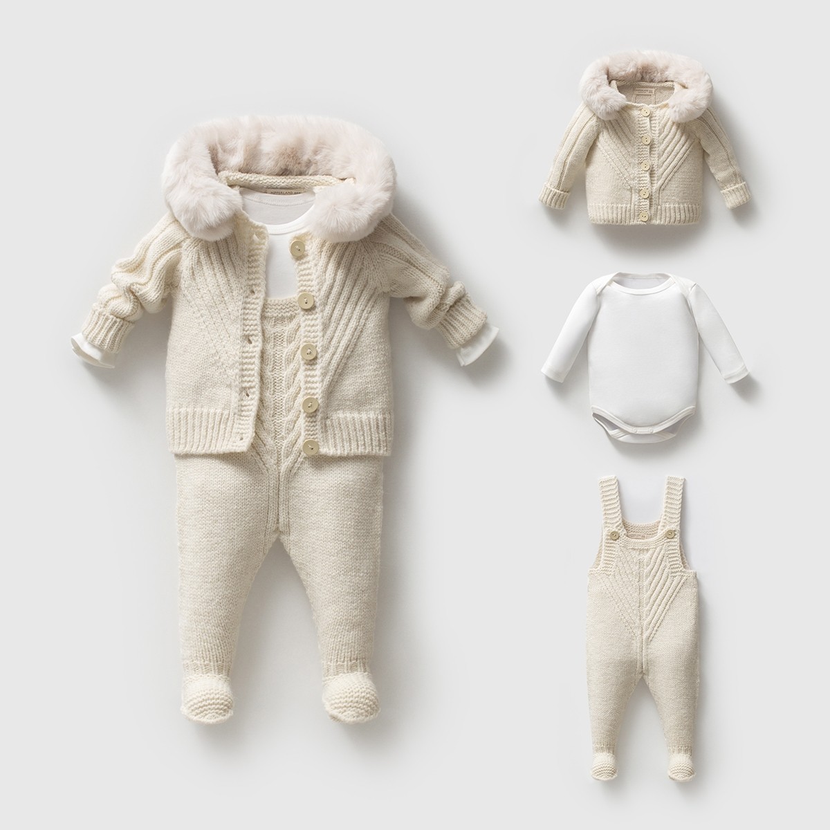 Griffin Unisex Bebek 3-6-9-12 Ay Peluş Yakalı Hırkalı Salopet - Krem
