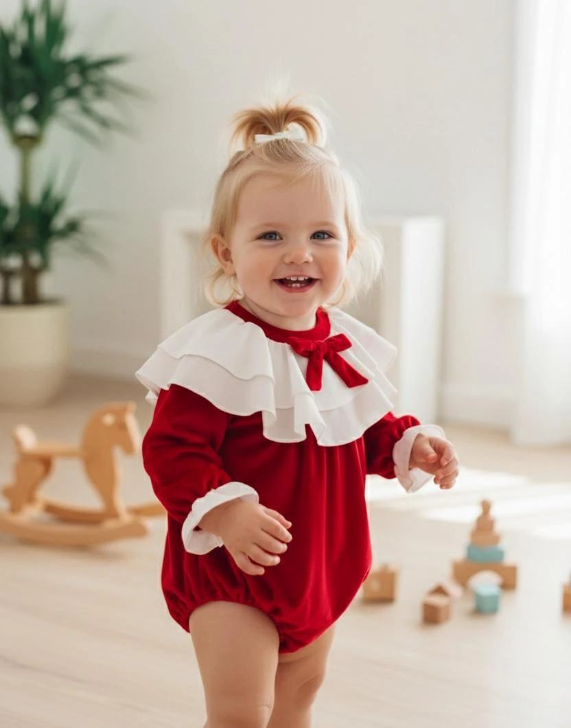 Christina Kadife Kumaş Fırfır Yakalı Kız Bebek Tasarım Romper