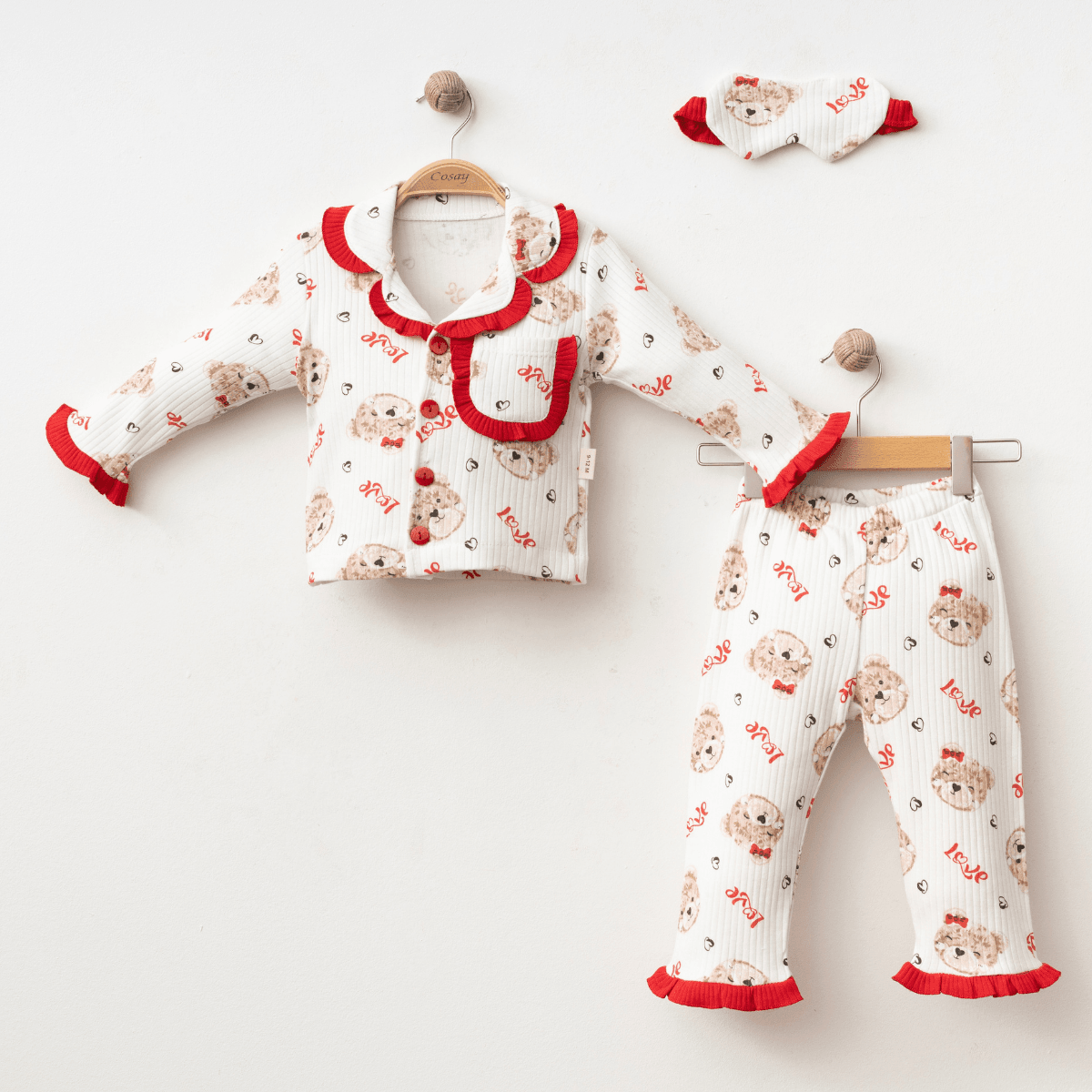 Sleepy Teddy Pamuklu Uyku Bantlı 2li Kız Bebek Pijama Takımı - Kırmızı