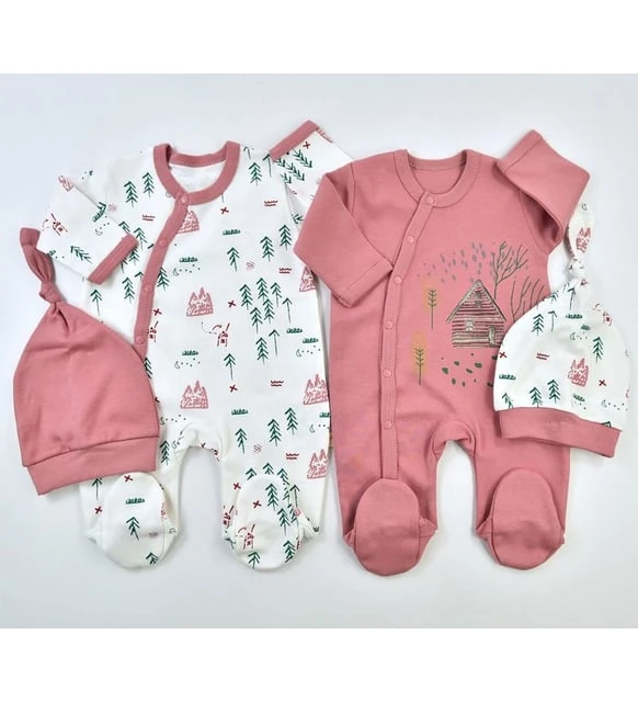 Ev Desenli Pamuklu Kız ve Erkek Bebek Yenidoğan 4'lü Tulum Seti - Pembe