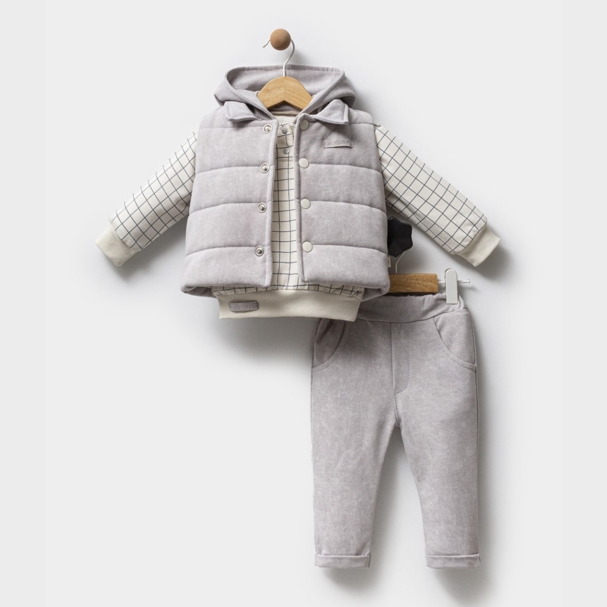 Sammy Pamuklu Erkek Bebek Yelekli 9-12-18 Ay Takım - Gri