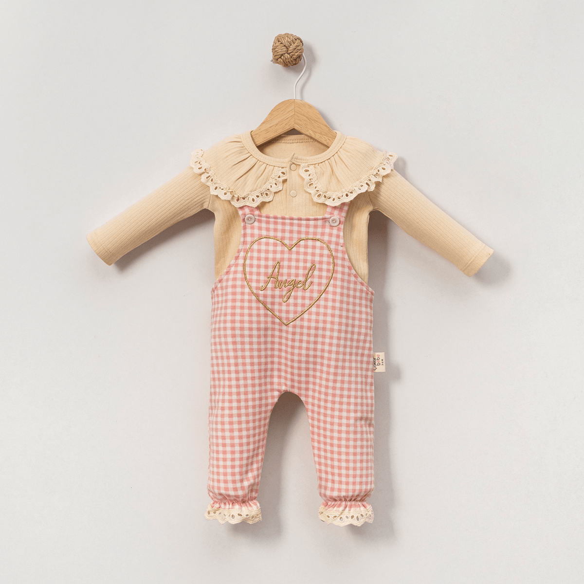 Love Angel Pamuklu Ekose Desen Salopetli Kız Bebek Tulum Seti - Pembe