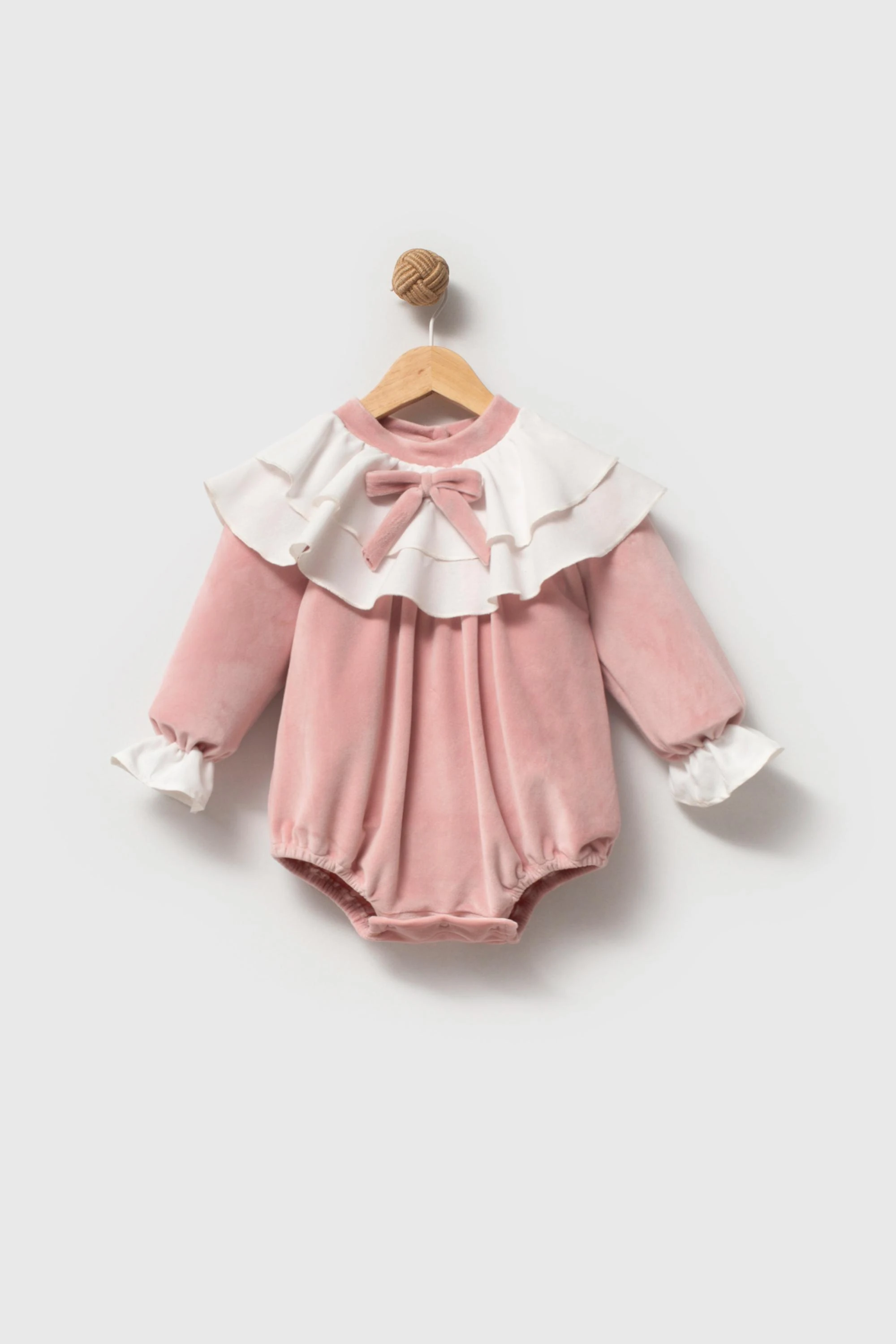 Christina Kadife Kumaş Fırfır Yakalı Kız Bebek Tasarım Romper - Pembe