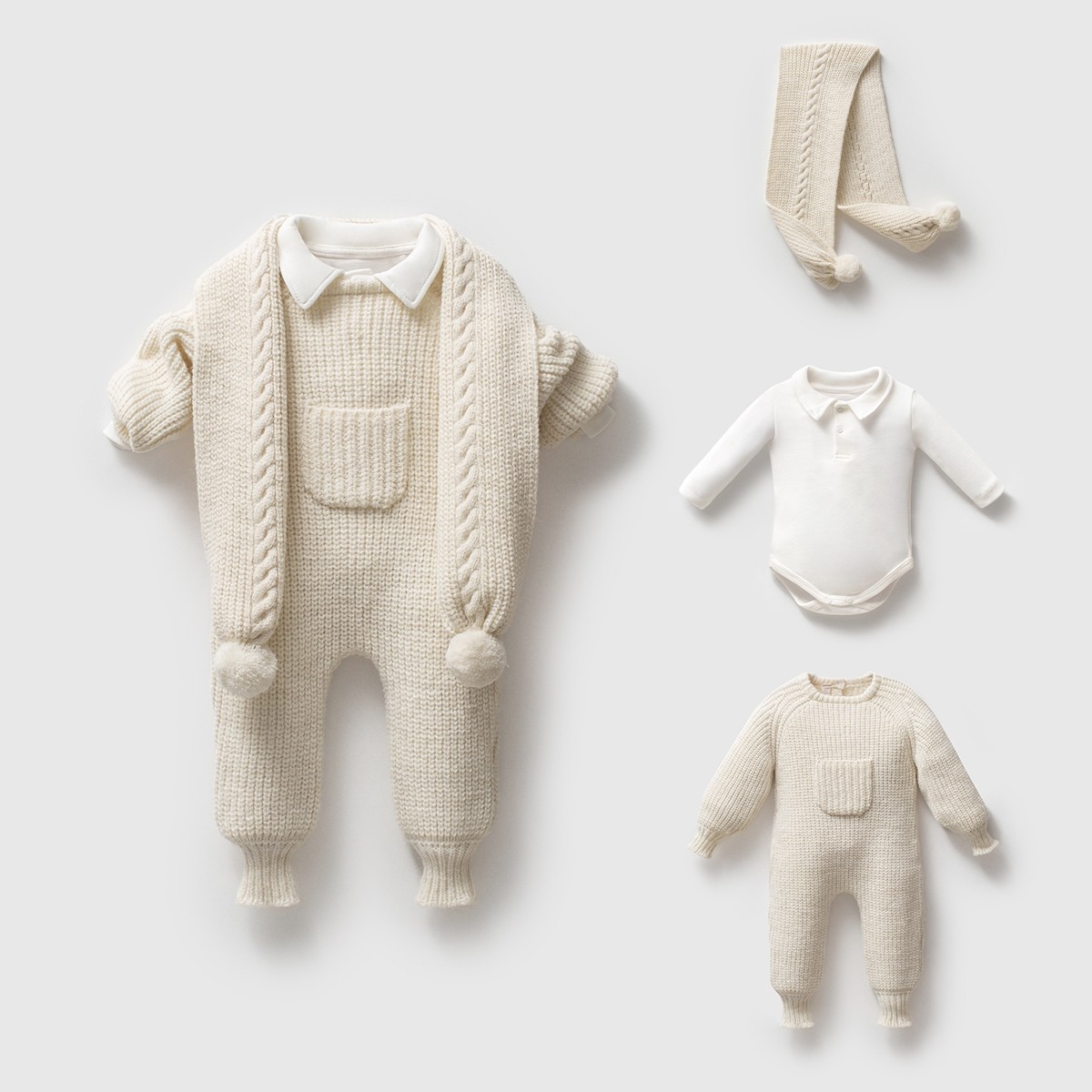 Albert Organik Premium Atkılı Triko Bebek Tulum  Set - Krem