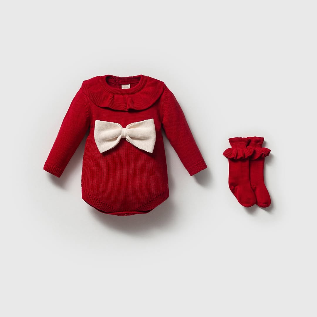 Christie Kız Bebek Fiyonklu 3-6-9-12 Ay Çoraplı Romper Set - Kırmızı
