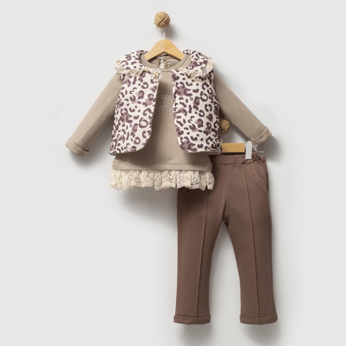 Kız Bebek Dantel Detaylı Leopar Yelekli 9-12-18 Ay 3lü Takım - Kahverengi