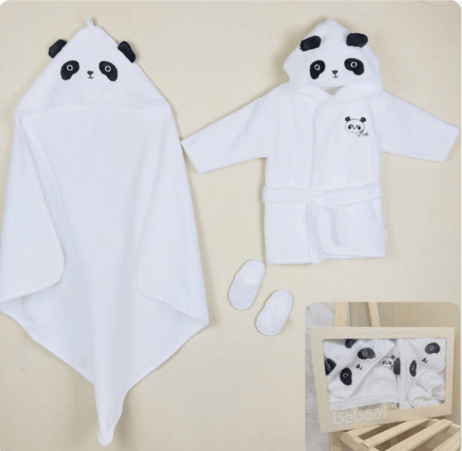 Minik Panda Pamuklu 0-12 Ay Unisex Bebek Havlu ve Bornoz Seti