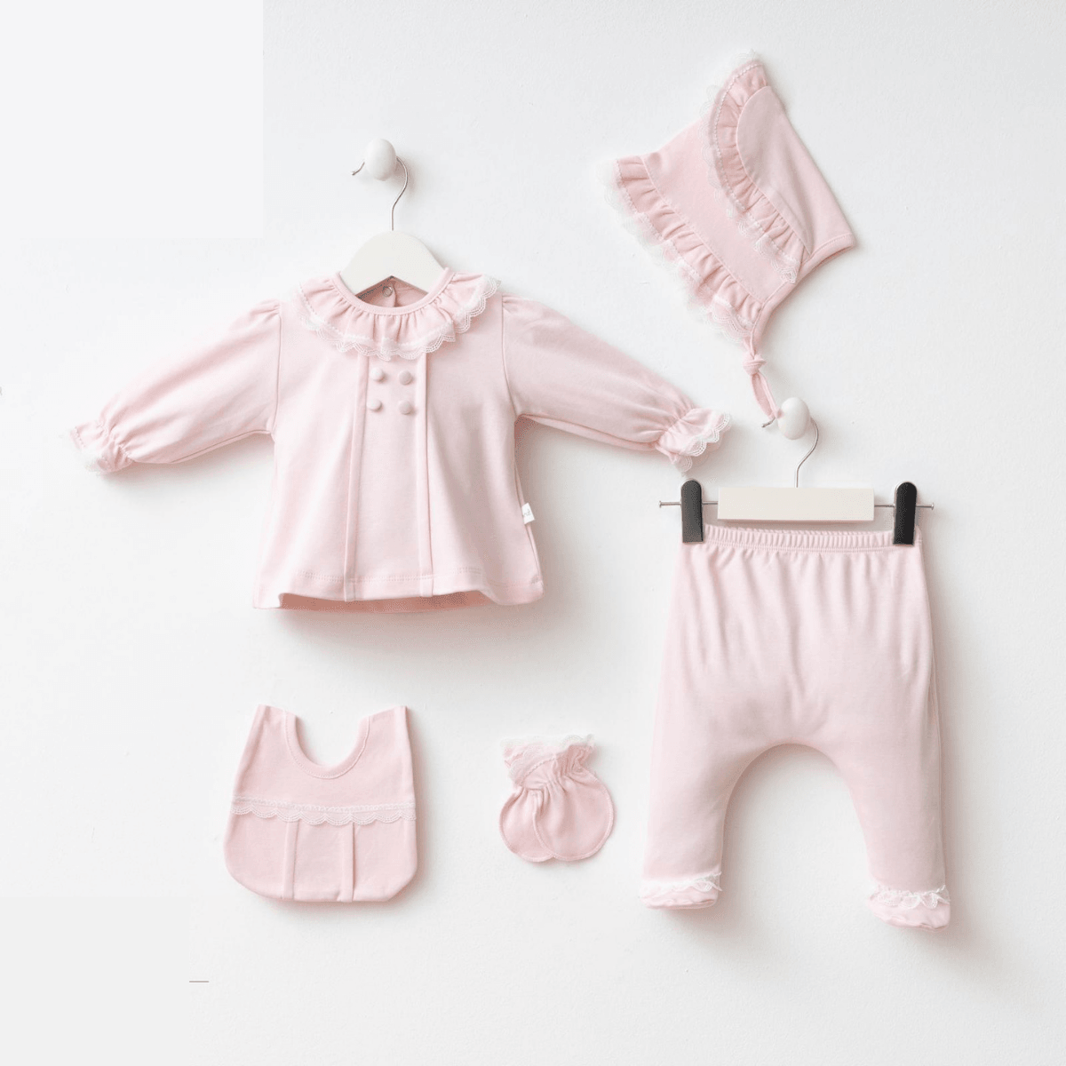 Elegant Yenidoğan Kız Bebek 0-3 Ay 5li Hastane Çıkışı Zıbın Set - Pembe