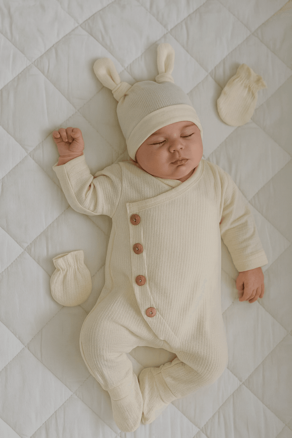 Branco Unisex Bebek Düğmeli Şapkalı Kulaklı Tulum - Krem