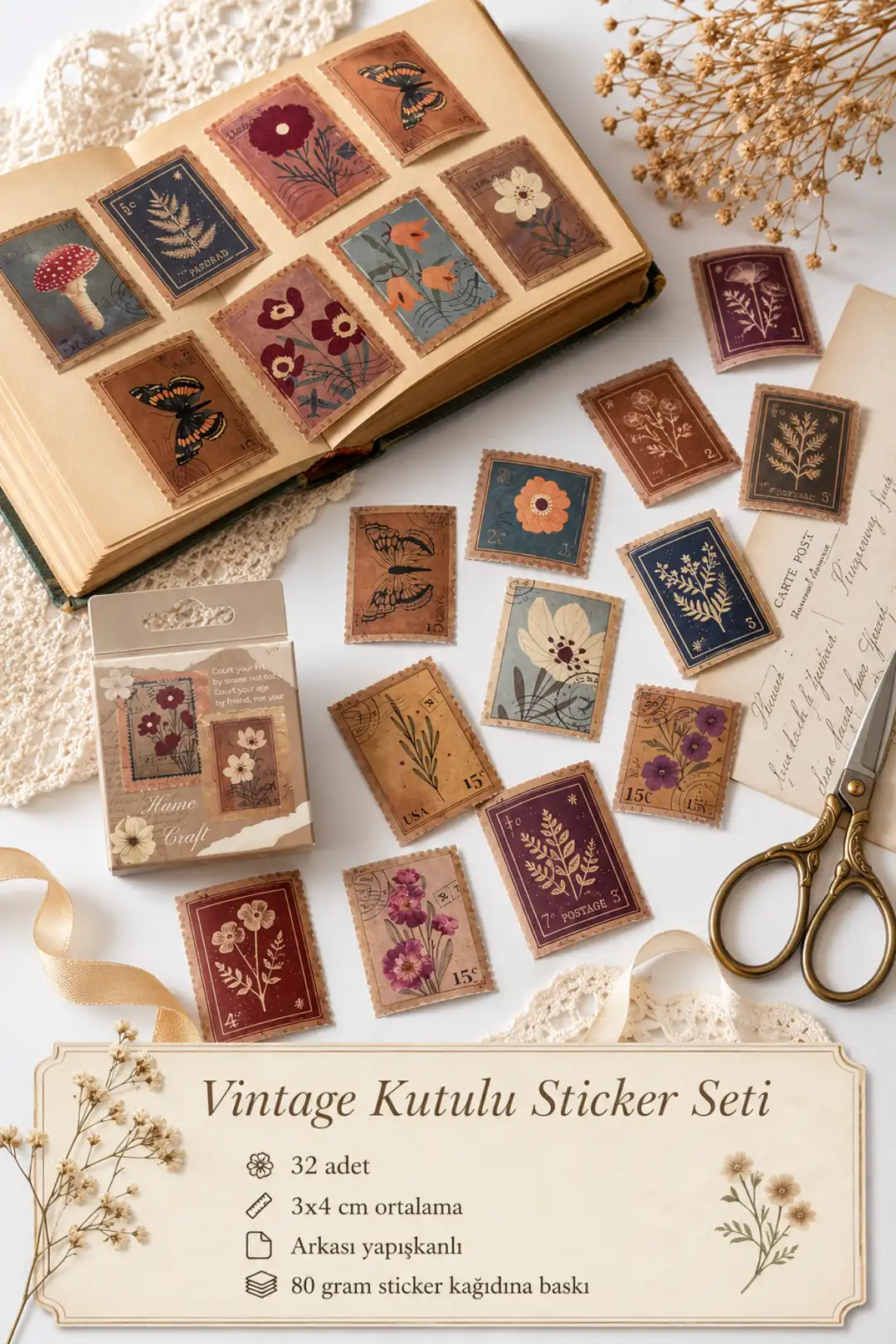 Kutulu vintage pul temalı sticker seti — mektup ve zarf süsleme için pul motifli kutulu stickerlar — Hume Craft