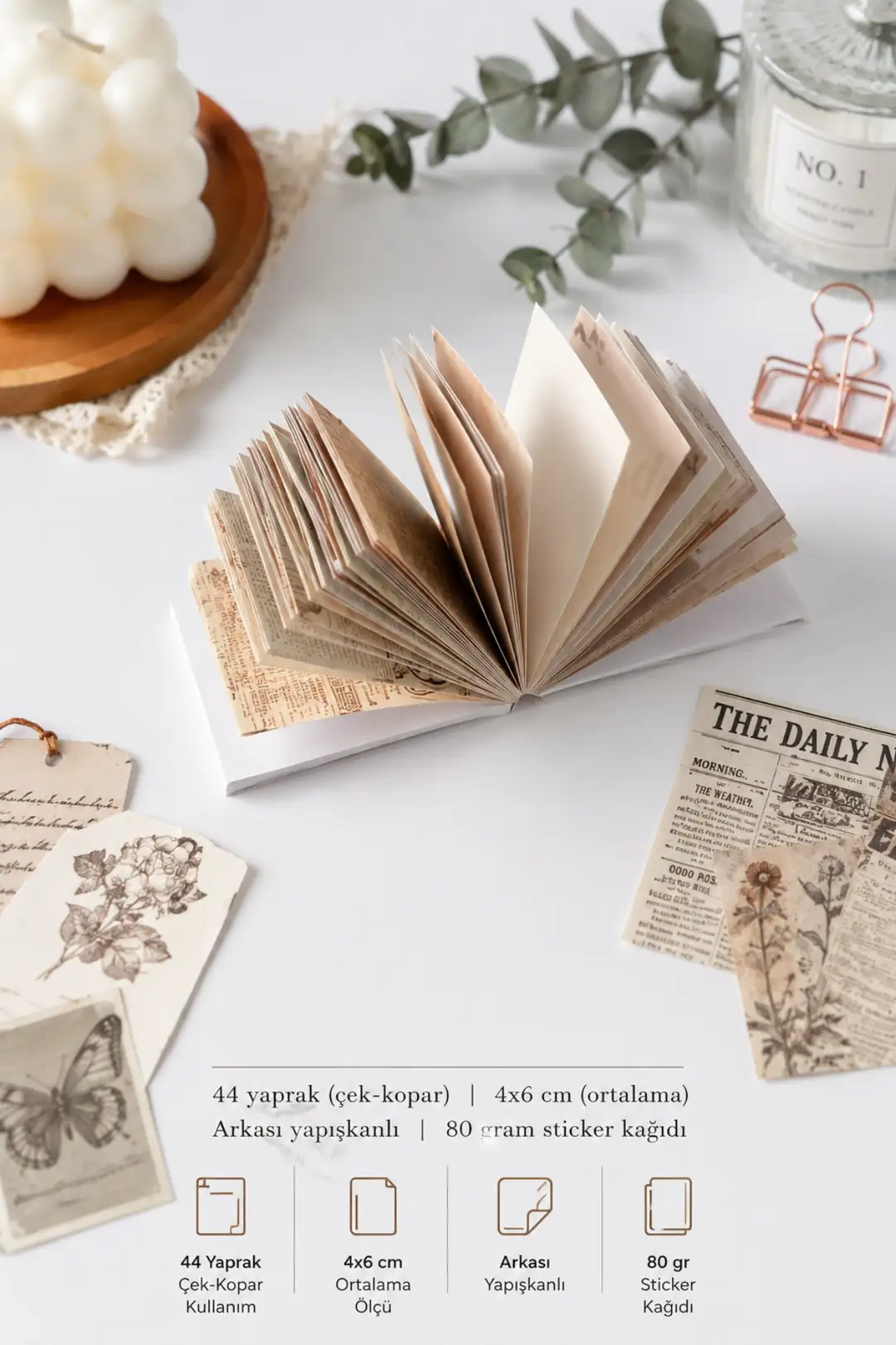 Vintage gazete ve mektup temalı sticker kitapçığı — bullet journal ve scrapbook için çok sayfalı sticker seti — Hume Craft