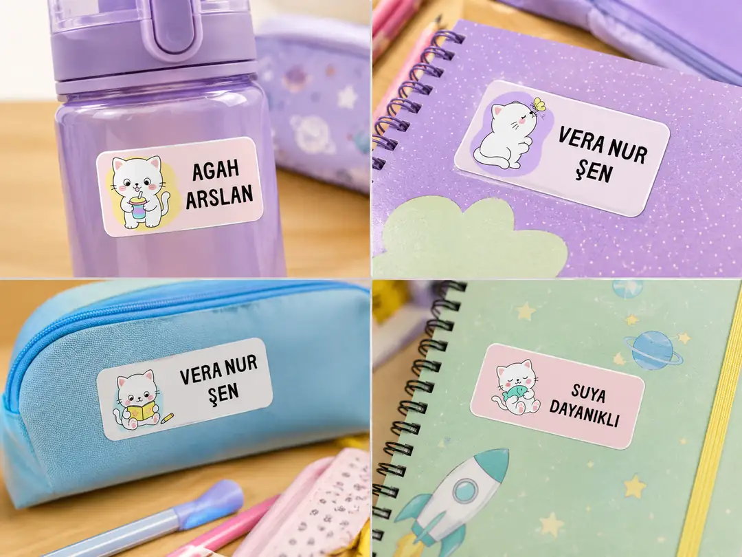Defter ve matara üzerinde isimli okul etiketi örnekleri