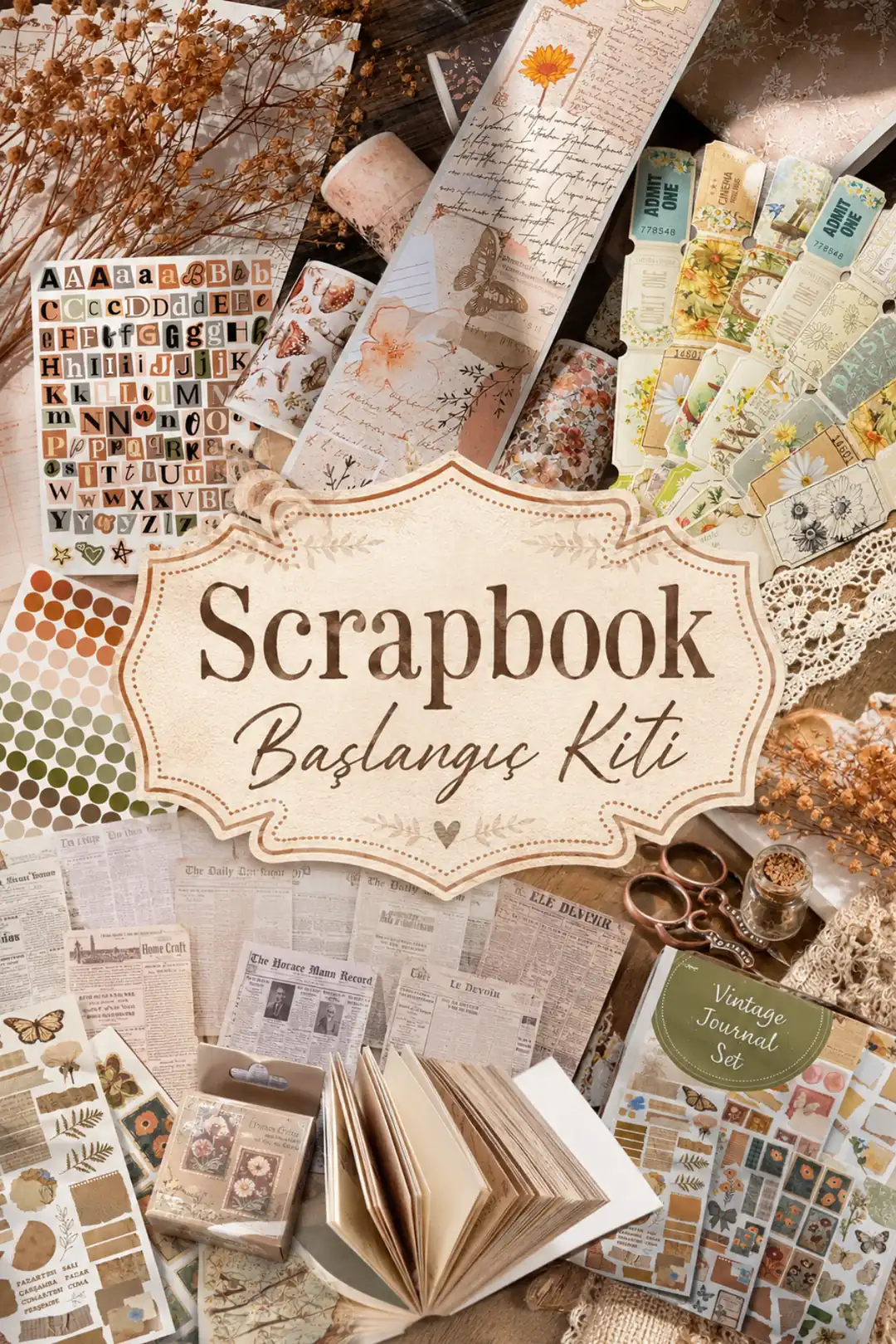 Hume Craft vintage temalı scrapbook başlangıç kiti — kağıt, sticker ve washi bant seti içeriği