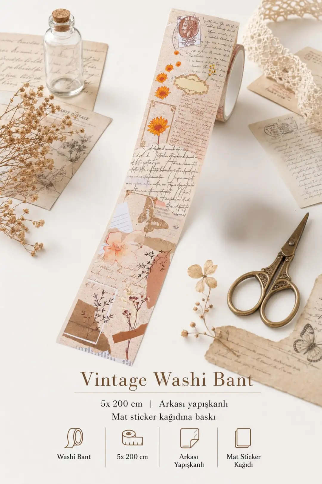 Kolaj ve scrapbook temalı vintage washi bant — defter ve sayfa kenarı süsleme bandı — Hume Craft