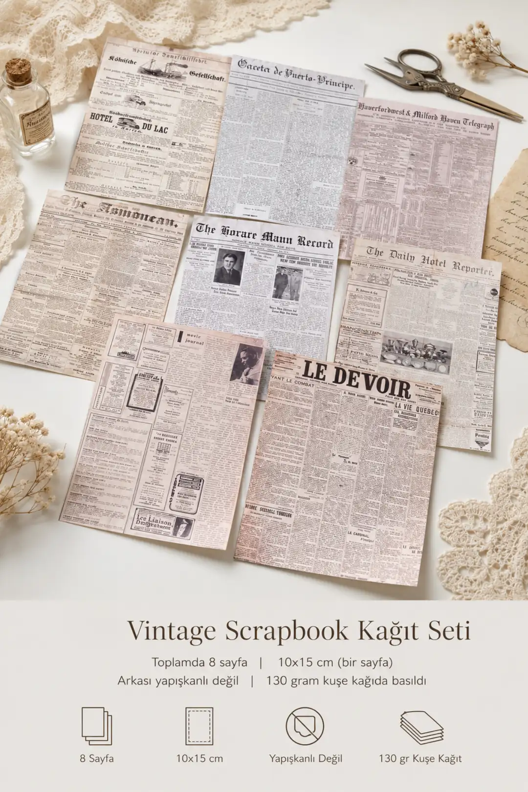 Vintage temalı scrapbook başlangıç kiti kağıtları — eskitme efektli, gazete ve mektup dokulu scrapbook kağıdı — Hume Craft