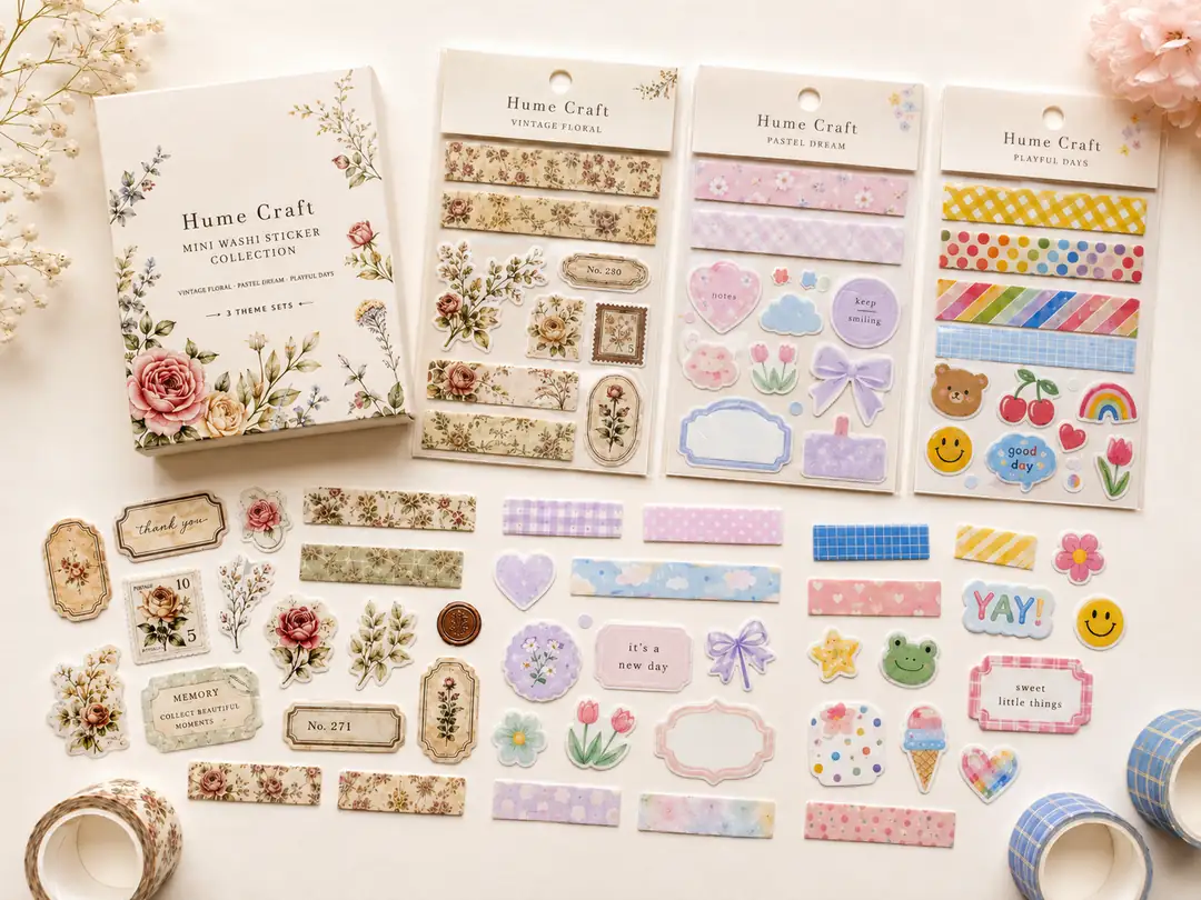 Hume Craft mini washi sticker setleri — vintage çiçek, pastel ve renk temalı washi formatlı stickerlar