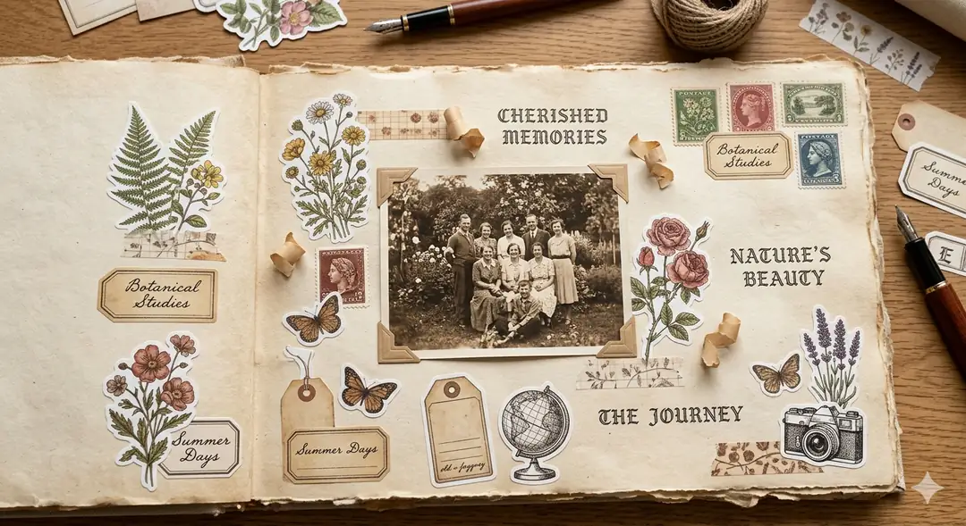 Vintage sticker ile scrapbook sayfası kompozisyonu — botanik motifler ve pul tasarımları