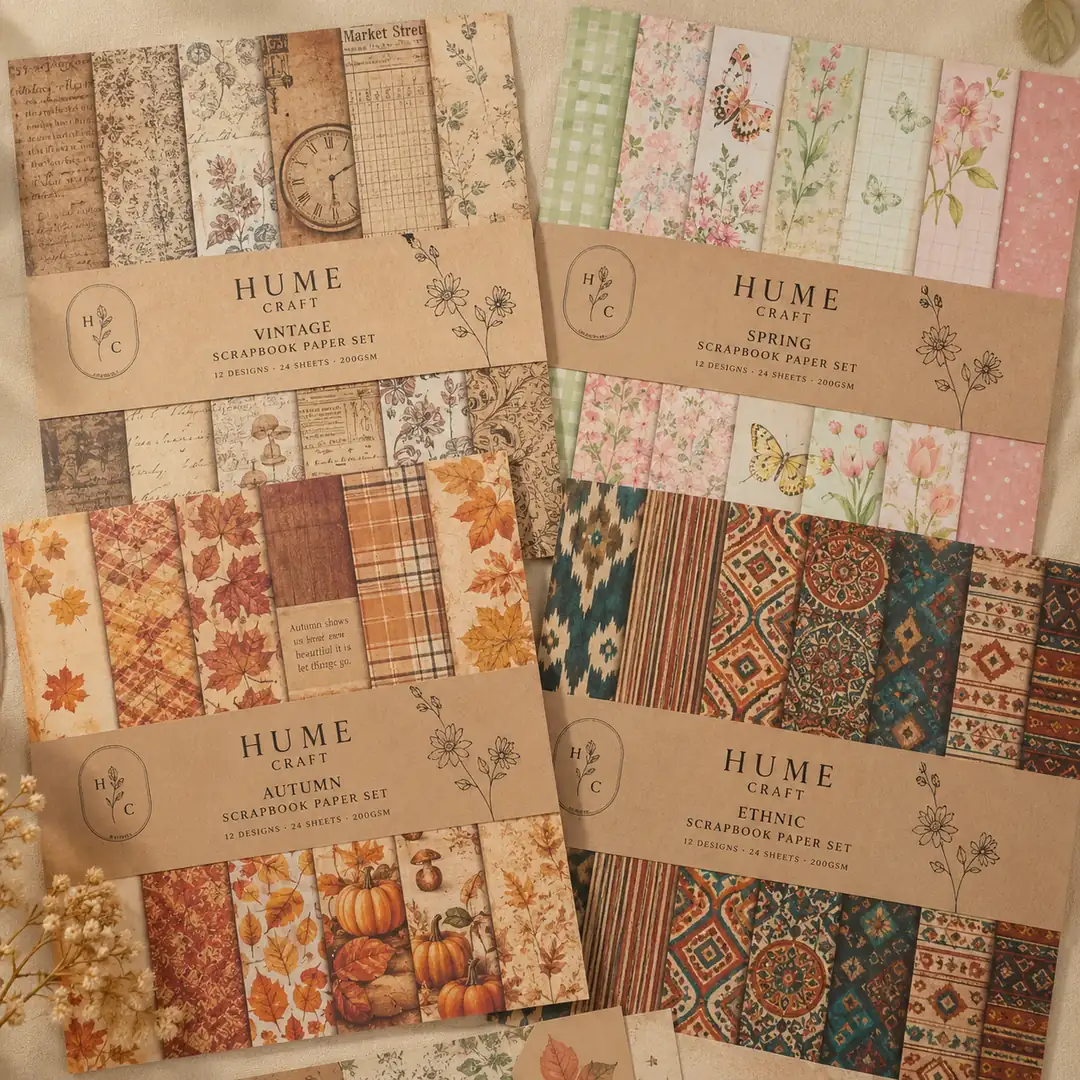 Hume Craft scrapbook kağıt setleri — vintage, bahar, etnik ve soft renk seçenekleri