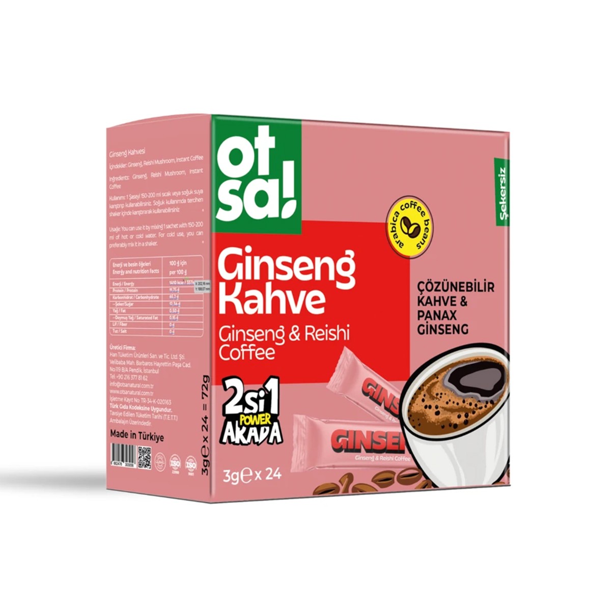 Ginseng ve Reishi İçeren Sabah Kahvesi Şeker İlavesiz 3gr*24 Saşe