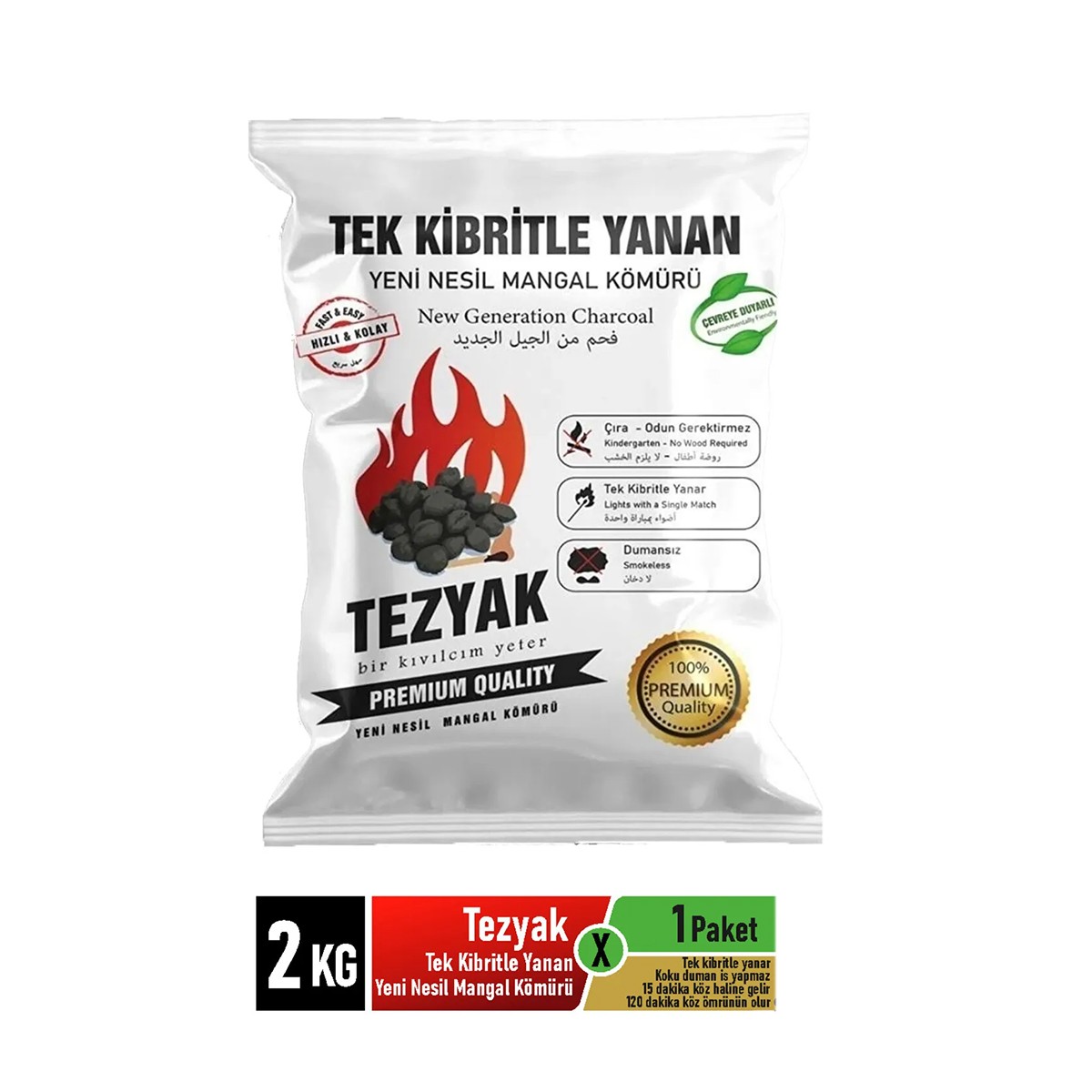 Tezyak Tek Kibritle Yanan Yeni Nesil Mangal Kömürü Eco Klasik 2Kg
