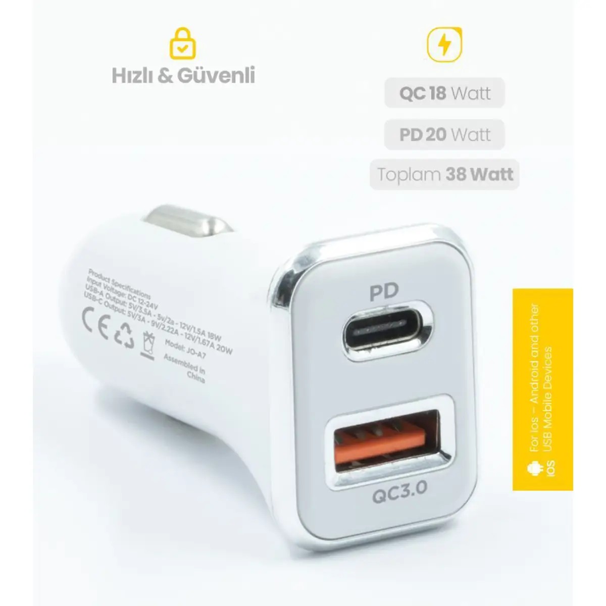 Çakmaklık Araç Şarjı Jopus Troff 20W USB/18W PD