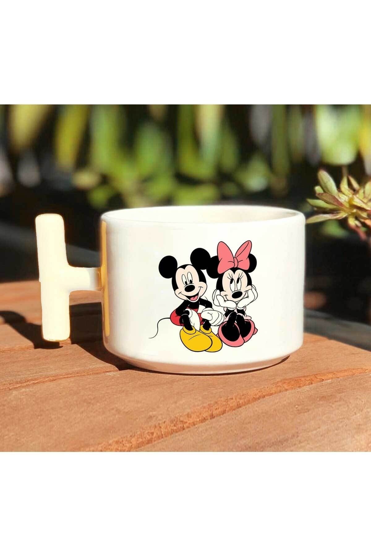 Mickey Ve Minnie Mouse Baskılı Beyaz T Kulp Kupa Bardak