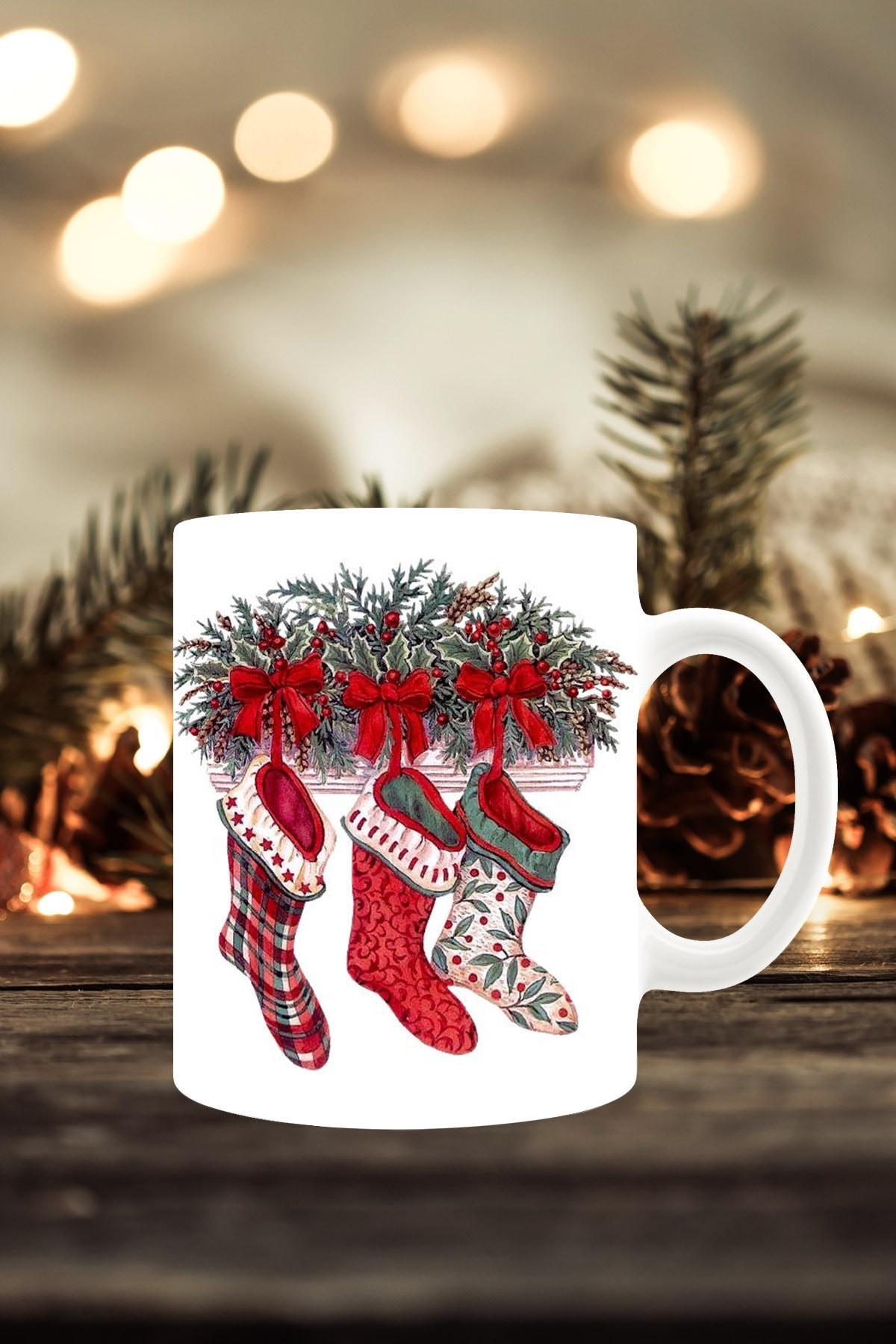 Yeni Yıl Konseptli Noel Çorapları Baskılı Kupa Bardak