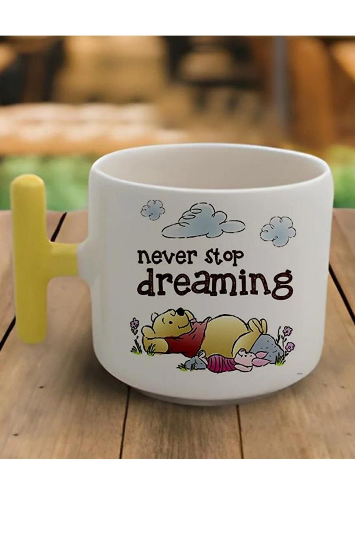 Sarı T Kulp Never Stop Dreaming Baskılı Tasarımlı Latte Fincan Modeli