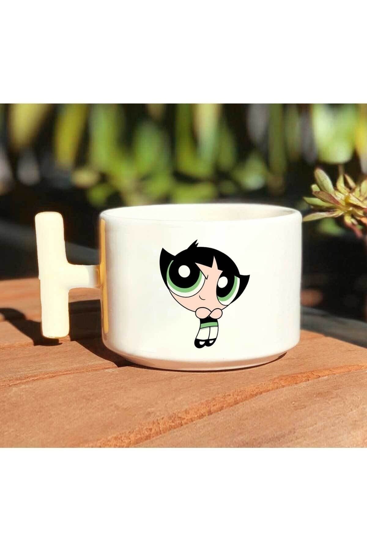 Powerpuff Girls Buttercup Baskılı El Yapımı Beyaz T Kulp Kupa Bardak