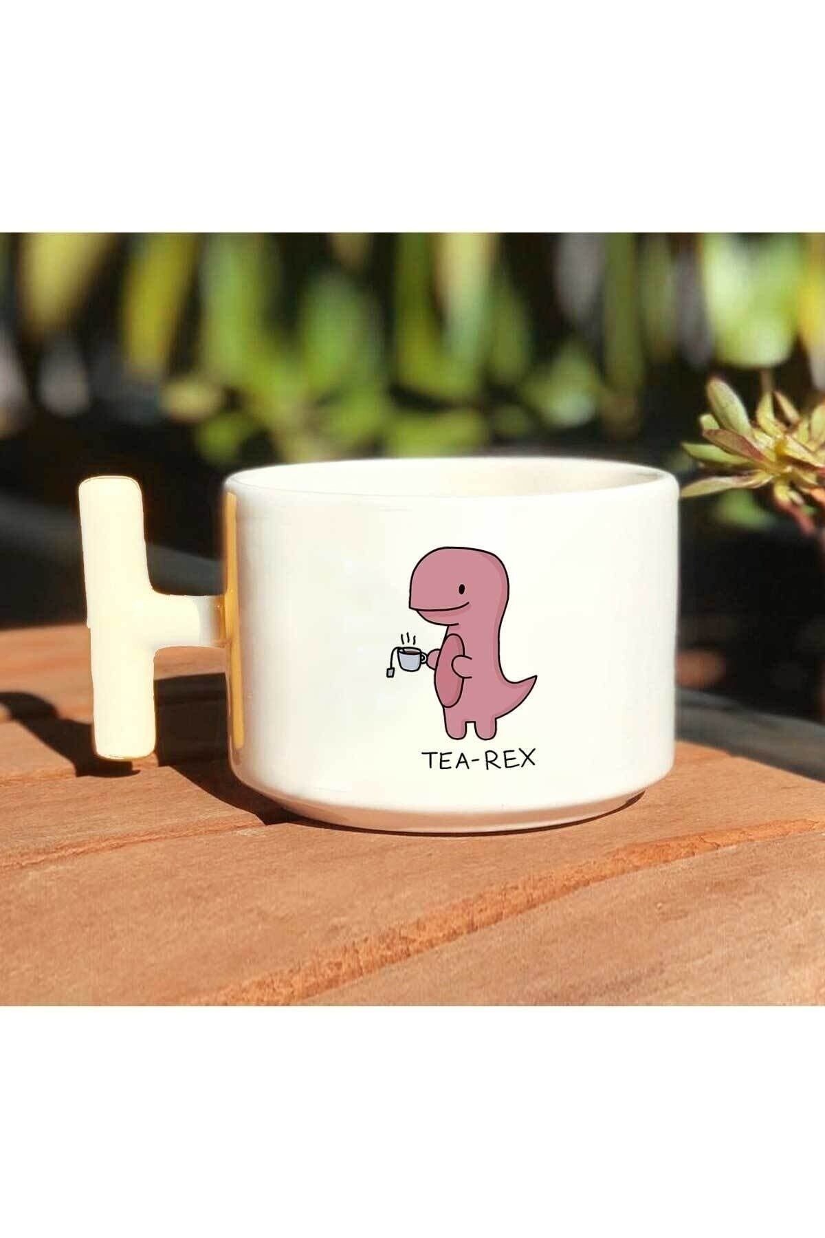 Tea-rex Baskılı Beyaz El Yapımı T Kulp Kupa Bardak