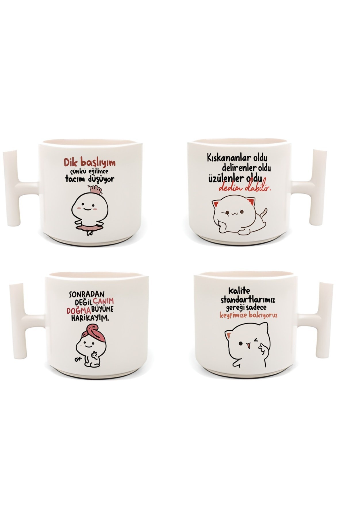 Yazılı Mochi Cat Baskılı 4 Lü Latte & Espresso Elyapımı T Kulplu Fincan