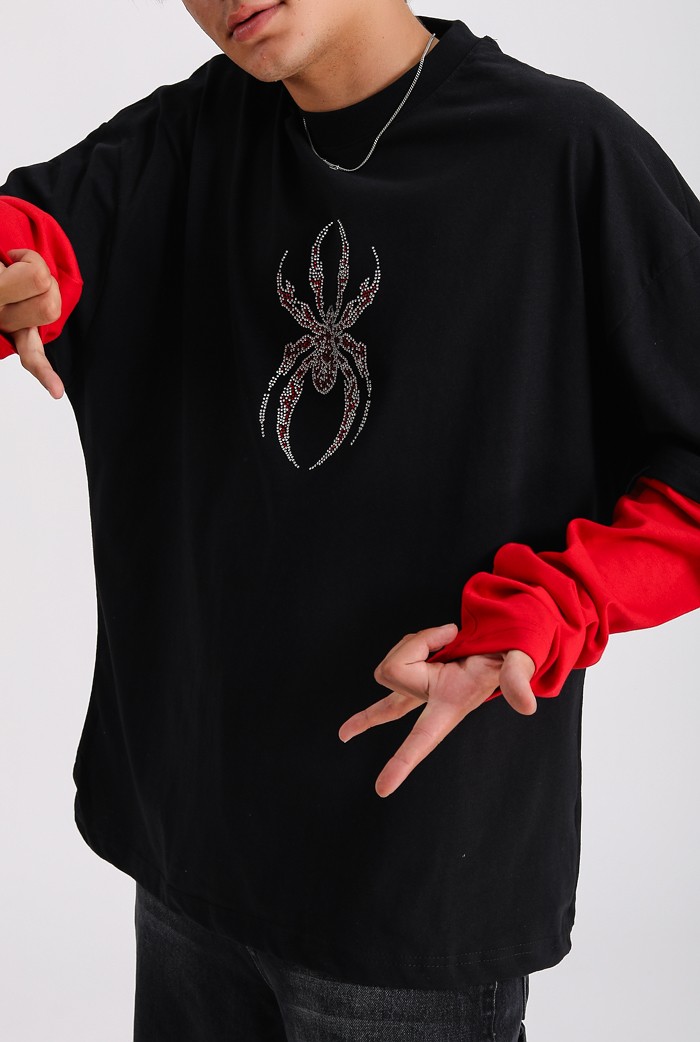 Spider Uzun Kollu Siyah Taş Desenli Oversize Tişört