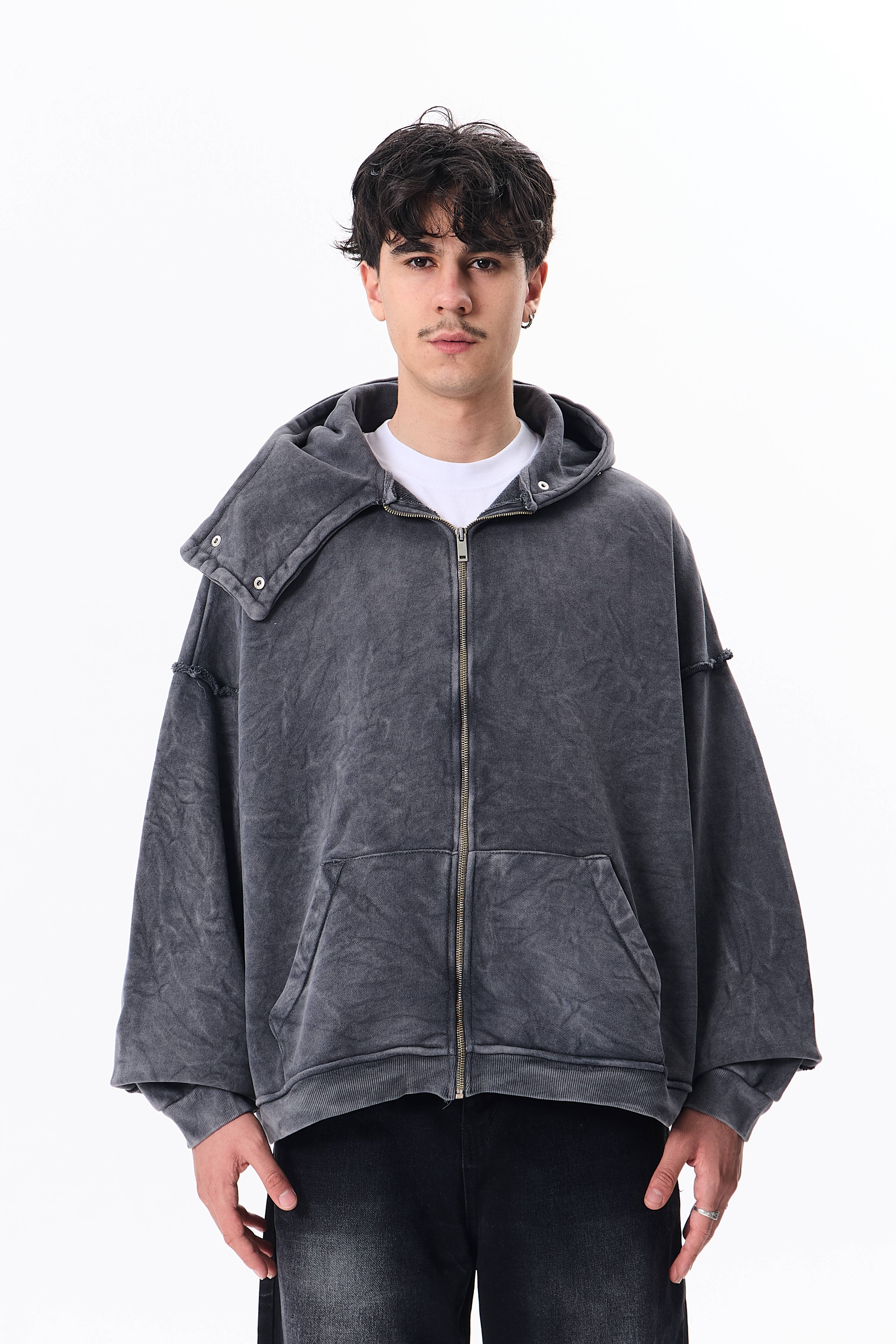 Maske Detaylı Diyagonal Premium Kapüşonlu Oversize Sweatshirt