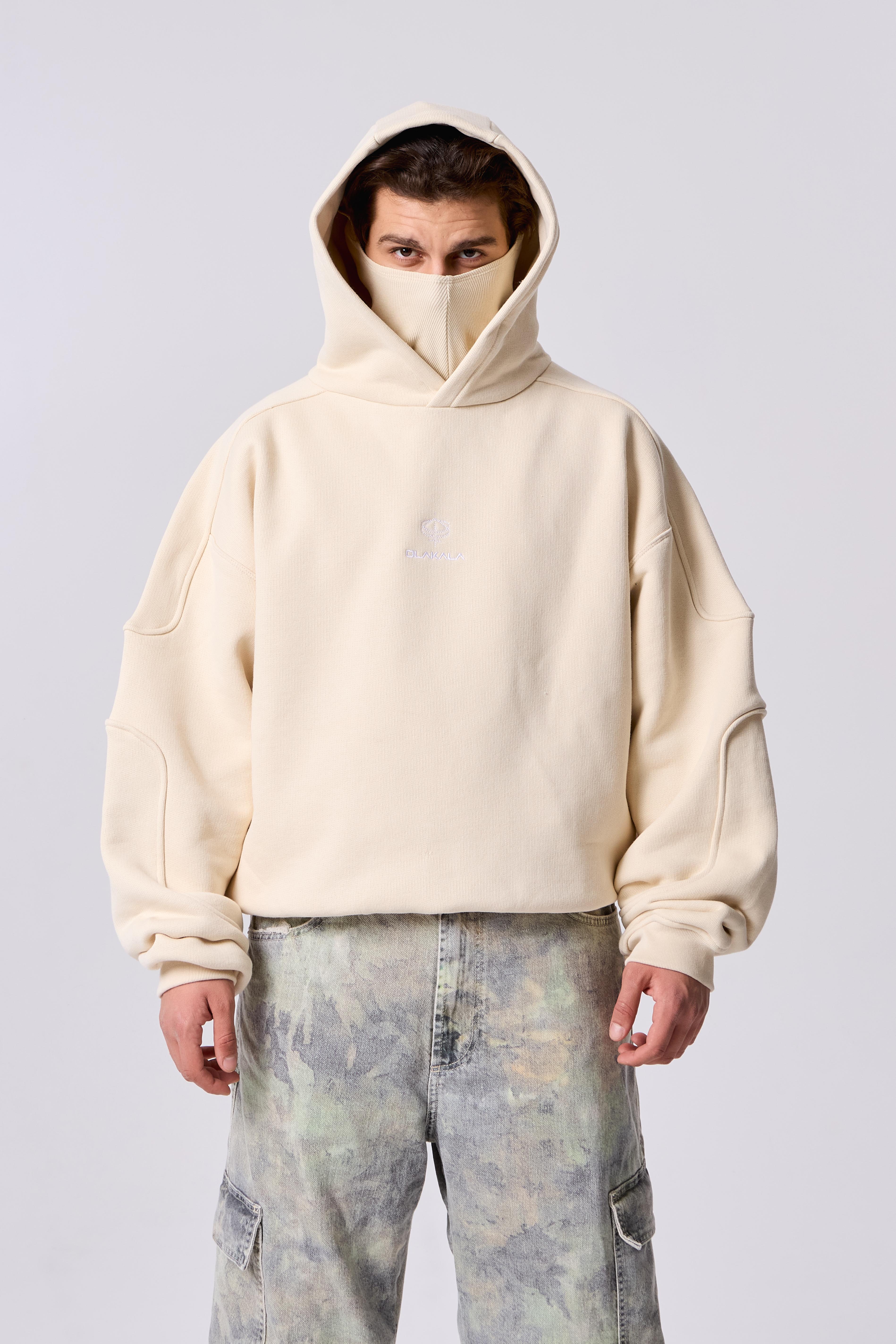 OLK Maske Detaylı Nakışlı Diagonal Kapüşonlu Sweatshirt - Bej