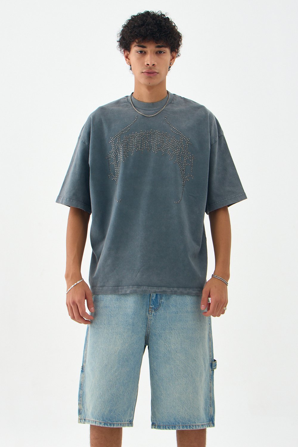 Taş Detaylı Hindu Acid Wash Oversize Tişört