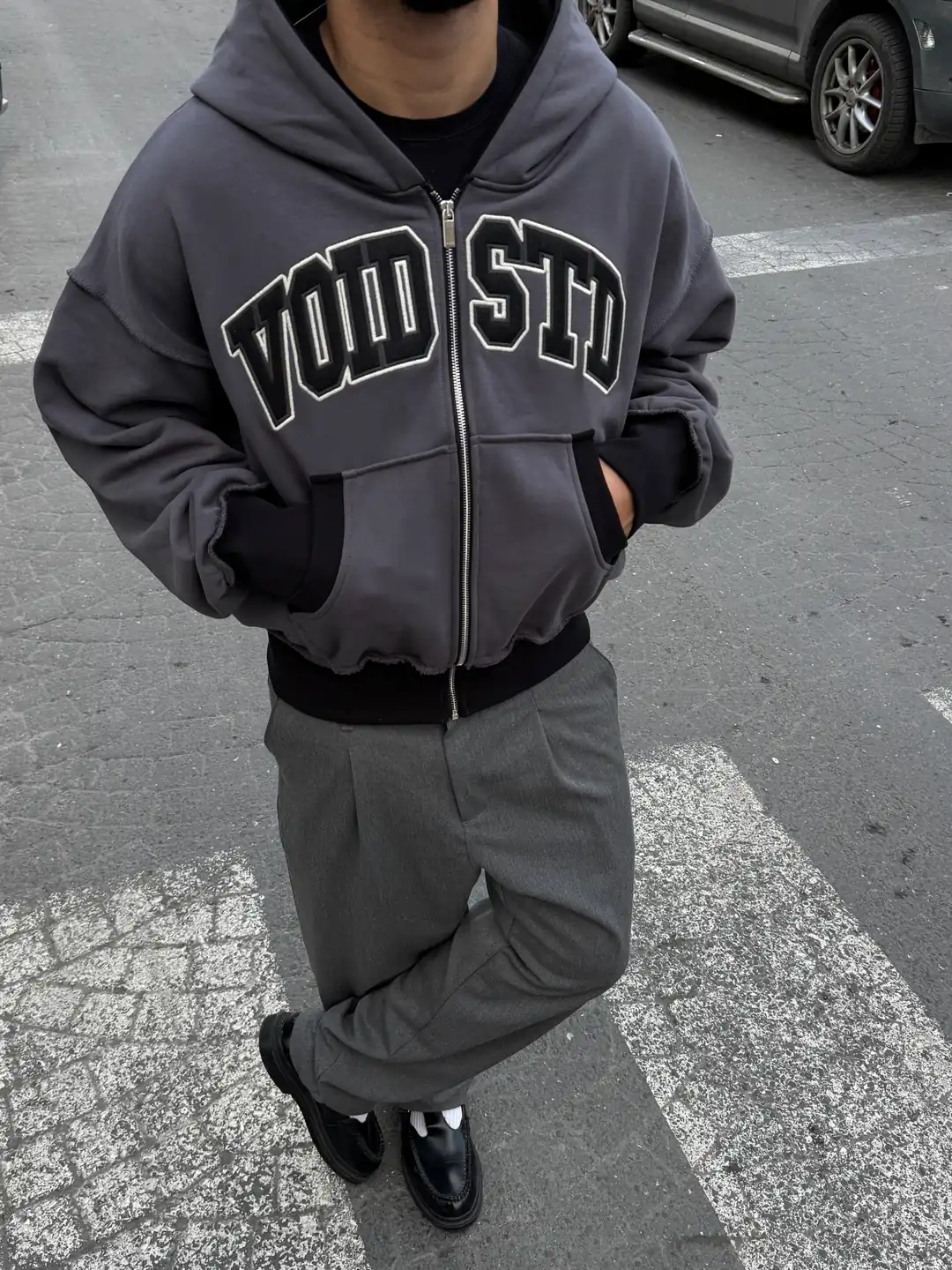 VOID Std Nakış Detaylı Premium Diagonal Oversize Zip Hoodie