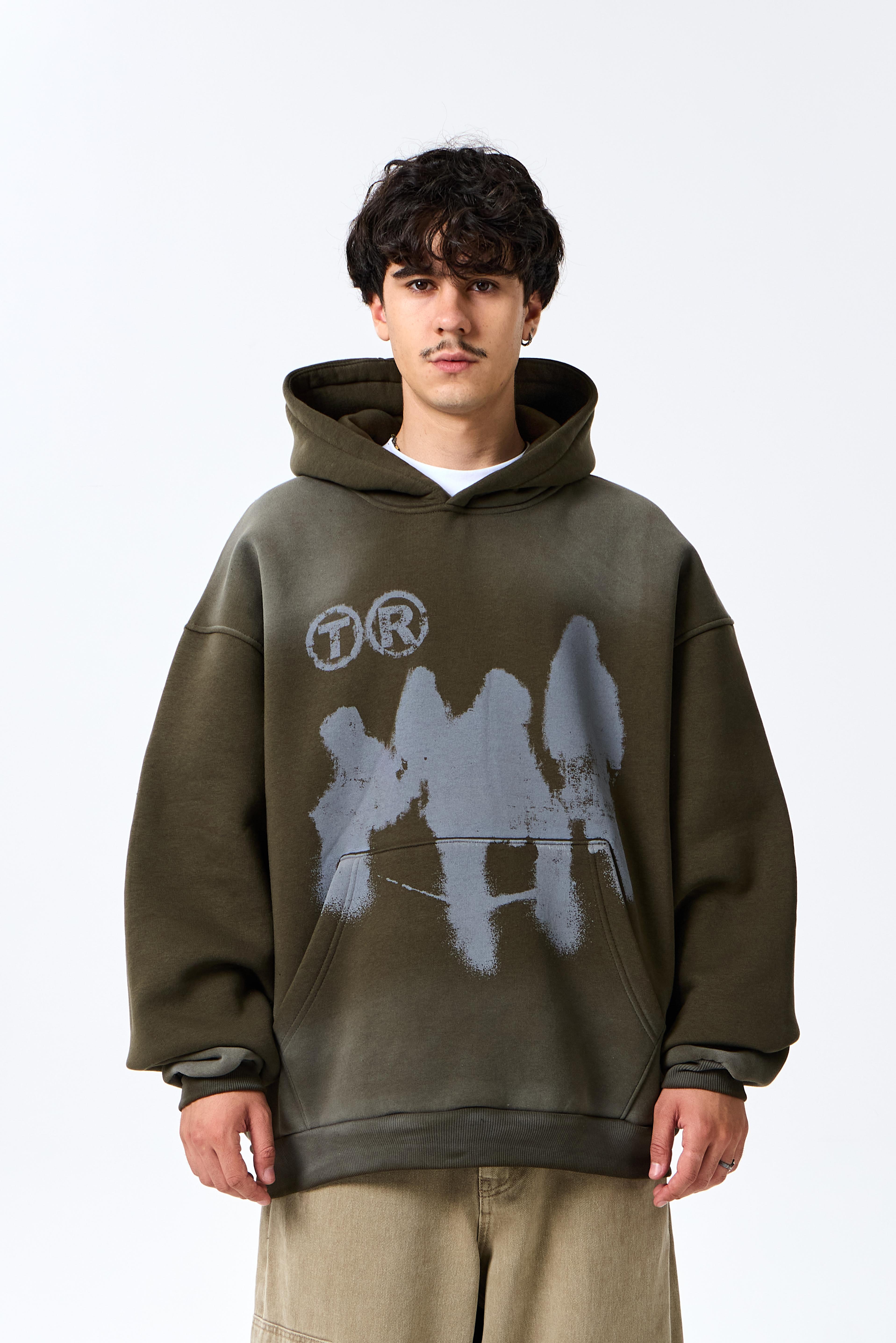 Shadow Baskılı Premium Oversize Kapüşonlu Sweatshirt - Koyu Haki