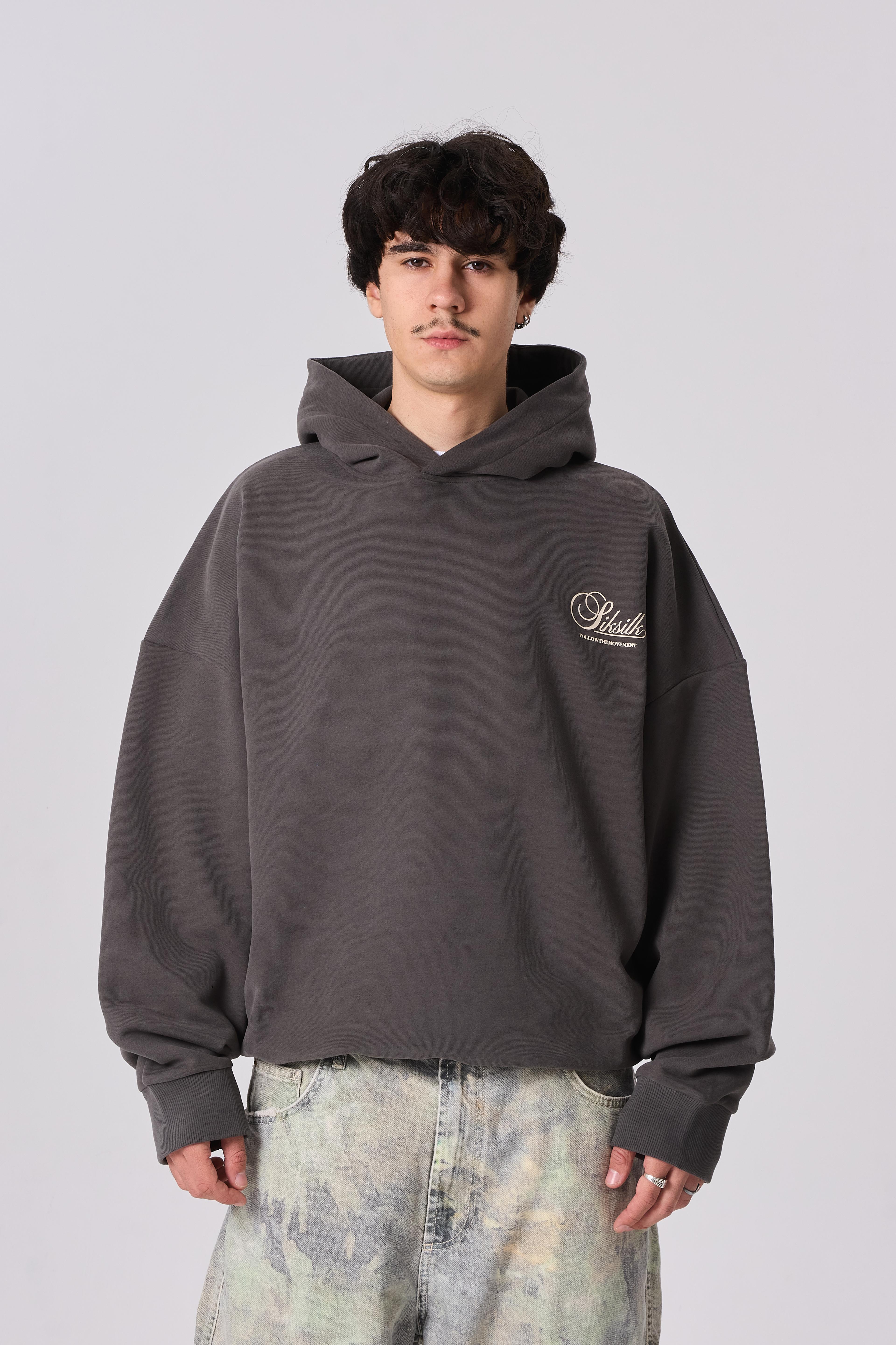 SSLK Baskılı Premium Oversize Kapüşonlu Sweatshirt - Koyu Gri