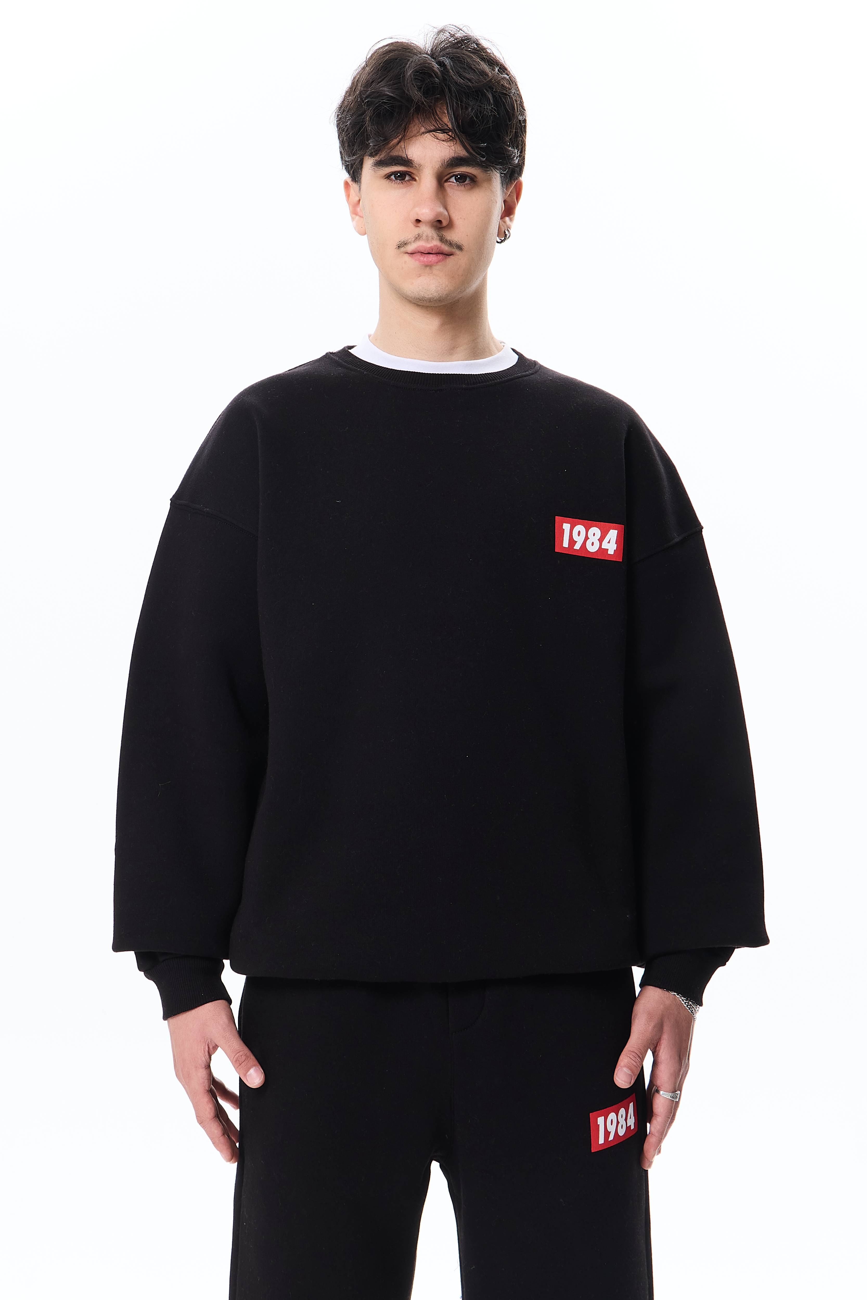 1984 Baskı Detaylı Premium Oversize Sweatshirt - Siyah